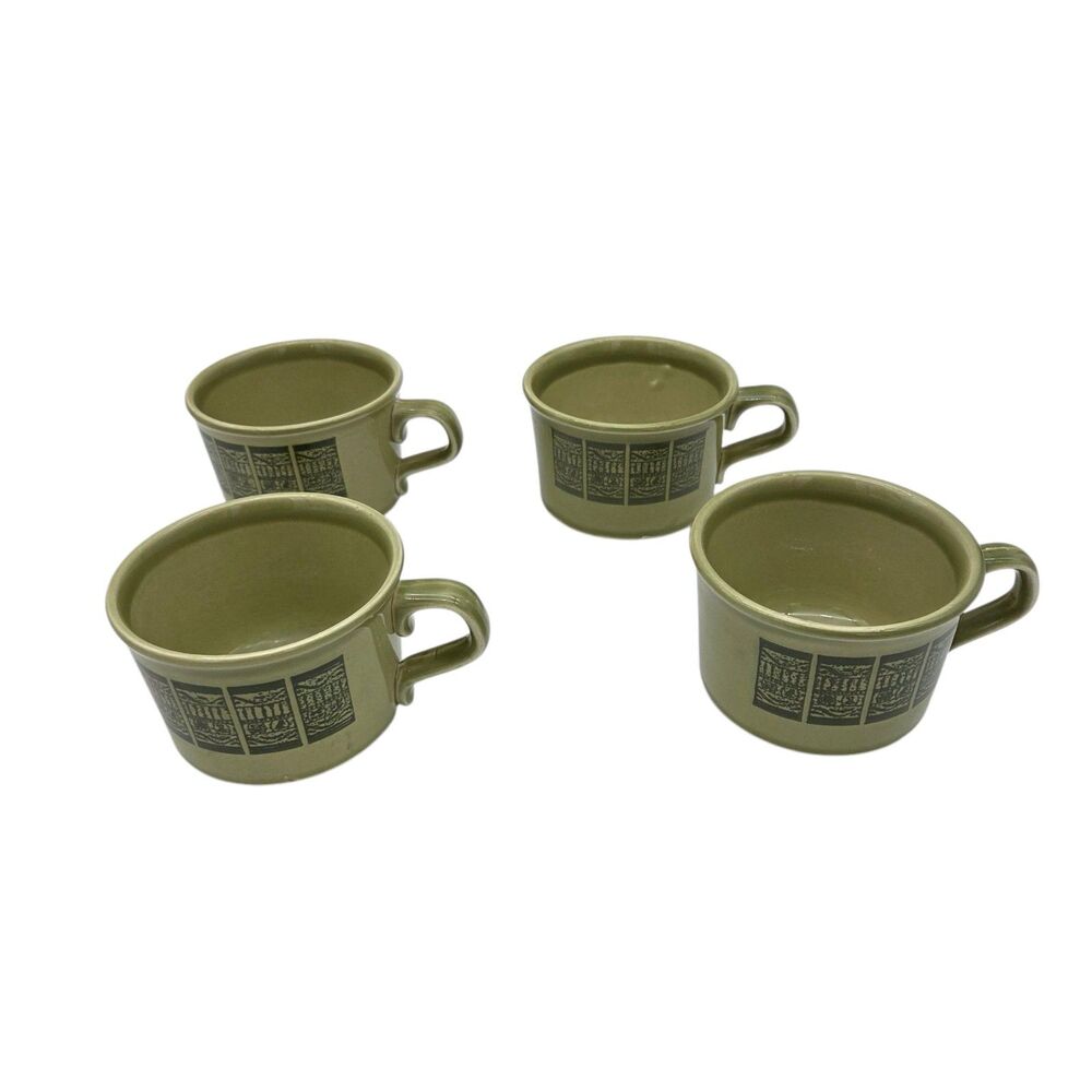 MCM Taylor Smith Taylor Hieroglyphs Mugs Set of 4 Olive Green Vintage 70s TST